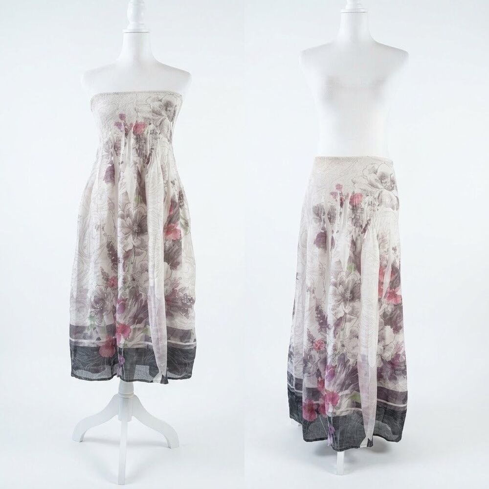 Lapis One Size Floral Strapless Smocked Tube Midi Dress Maxi Skirt 2 Way Boho